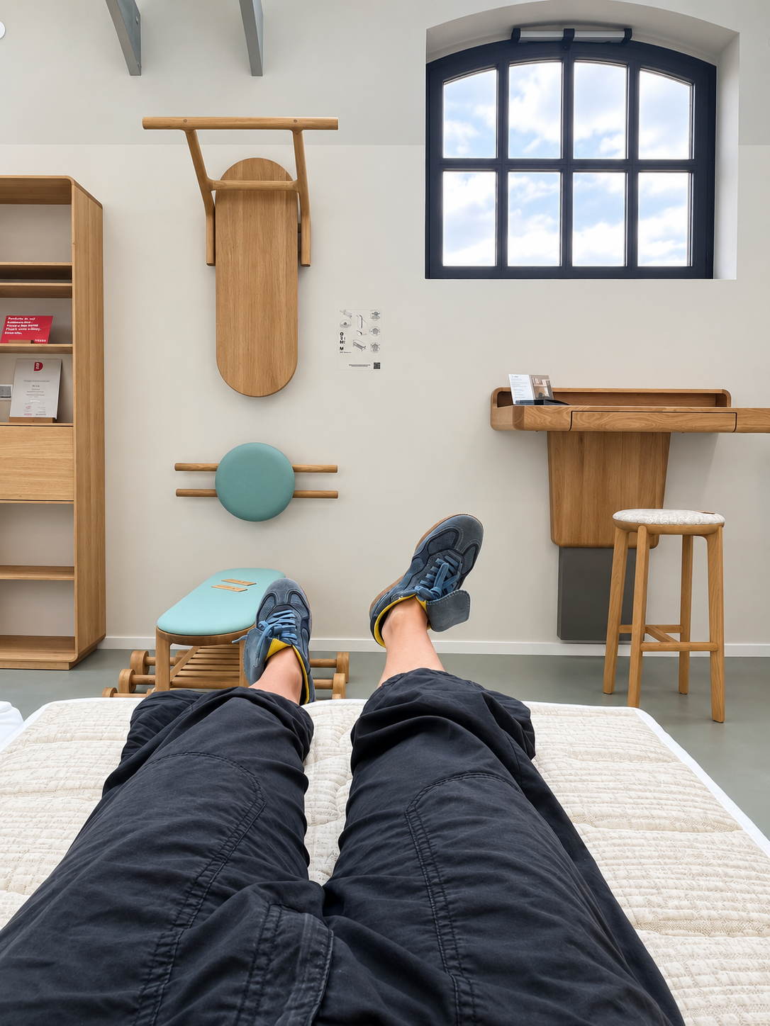 Blick vom Bett auf Wandbarren, Wandsekretär und Hocker im Showroom Berlin