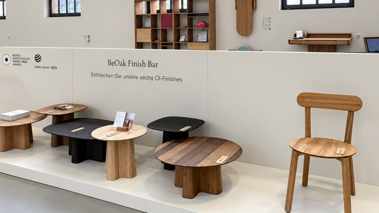 BeOak Finish Bar im Showroom Berlin — sechs Öl-Finishes auf massiven Eichentischen
