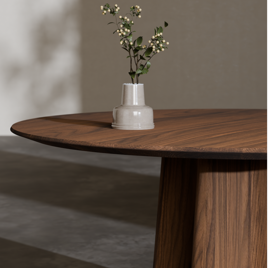 Runder Esstisch XX aus massivem Nussbaum mit einer Vase