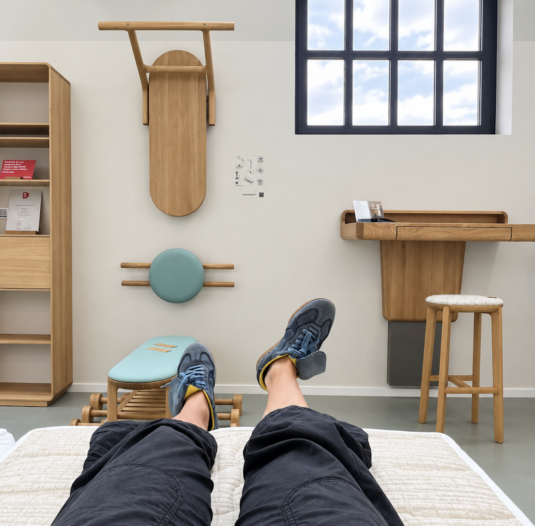 Blick vom Bett auf Wandbarren, Wandsekretär und Hocker im Showroom Berlin