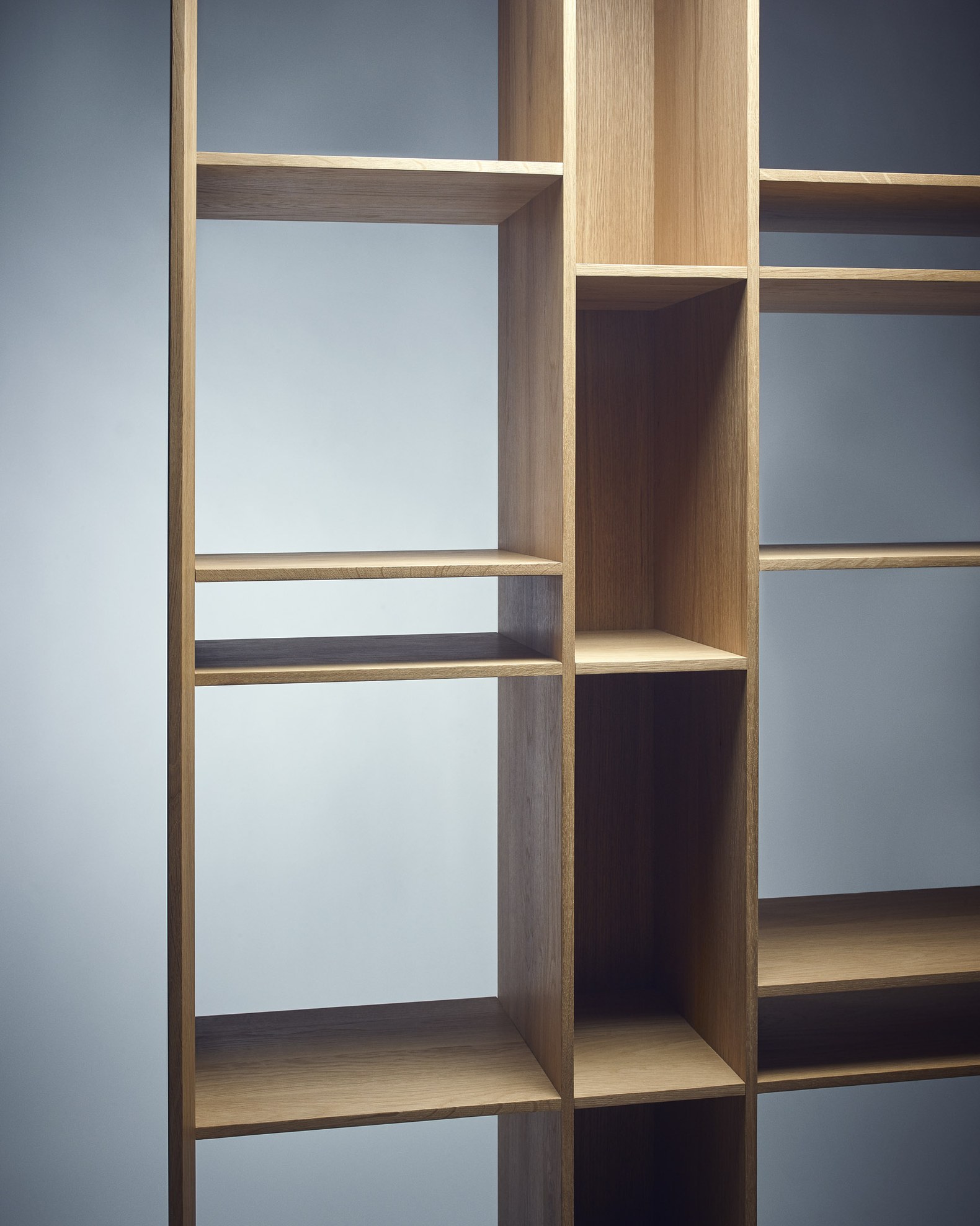 Solid oak bookcase with open shelves in the BeOak Bratislava showroom