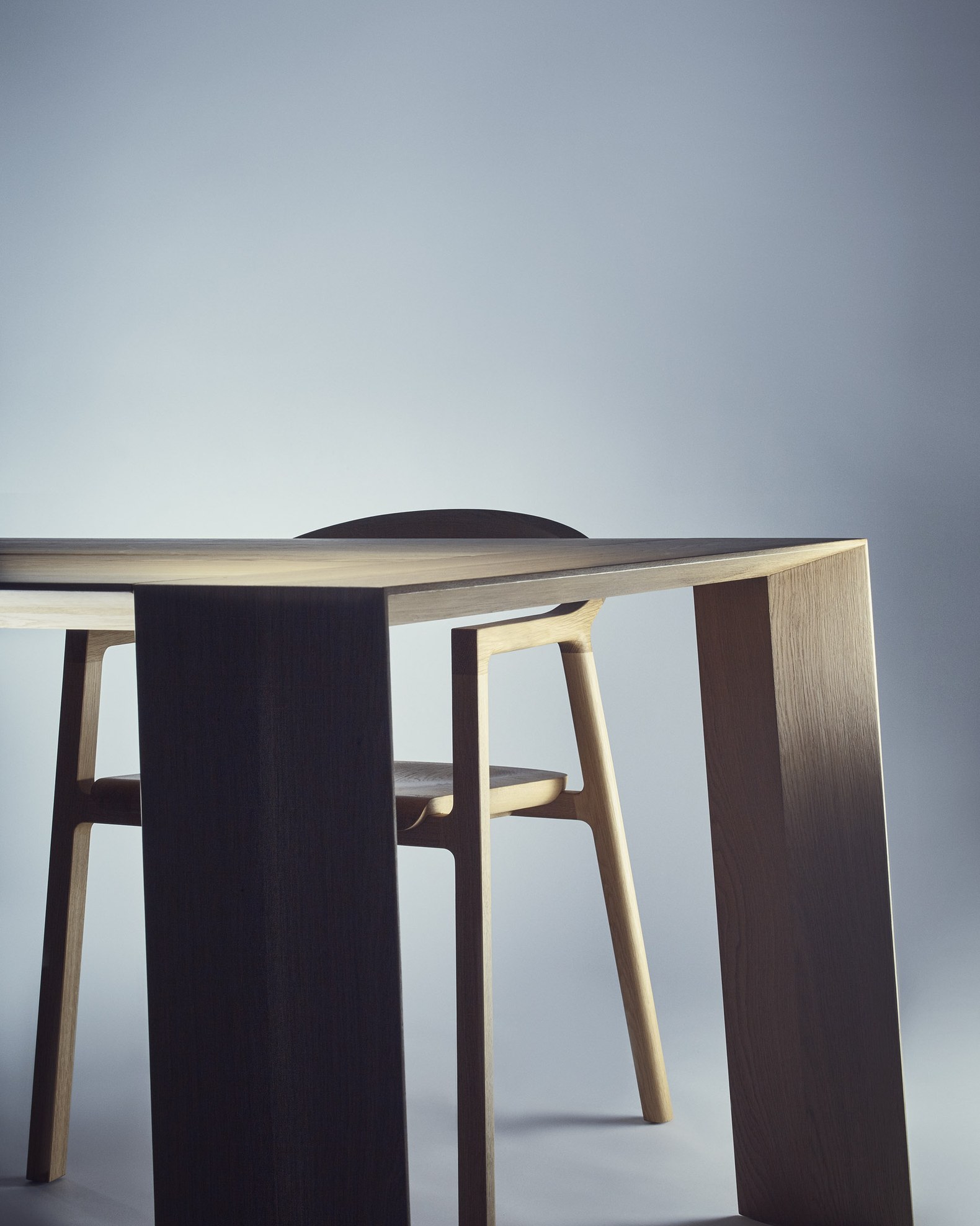 Solid oak dining table with a chair in the BeOak Bratislava showroom