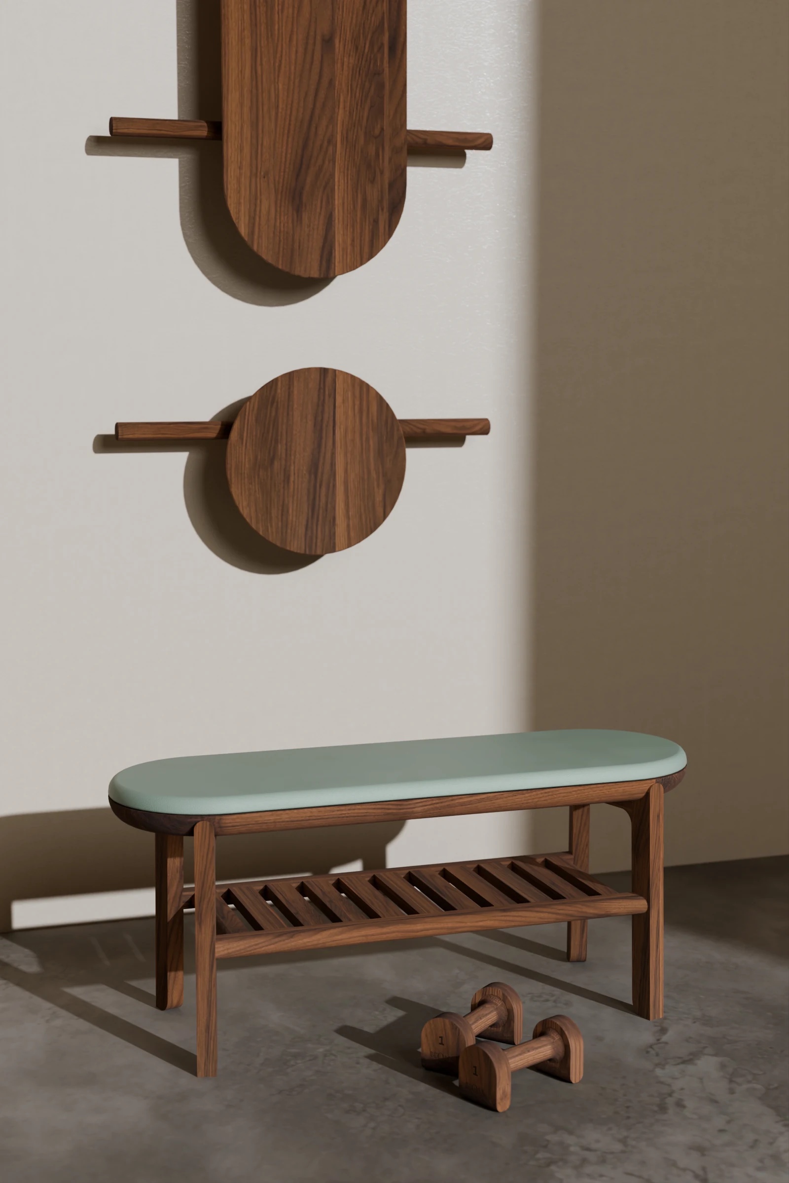 SANA WallBar, upholstered bench and dumbbells in solid walnut